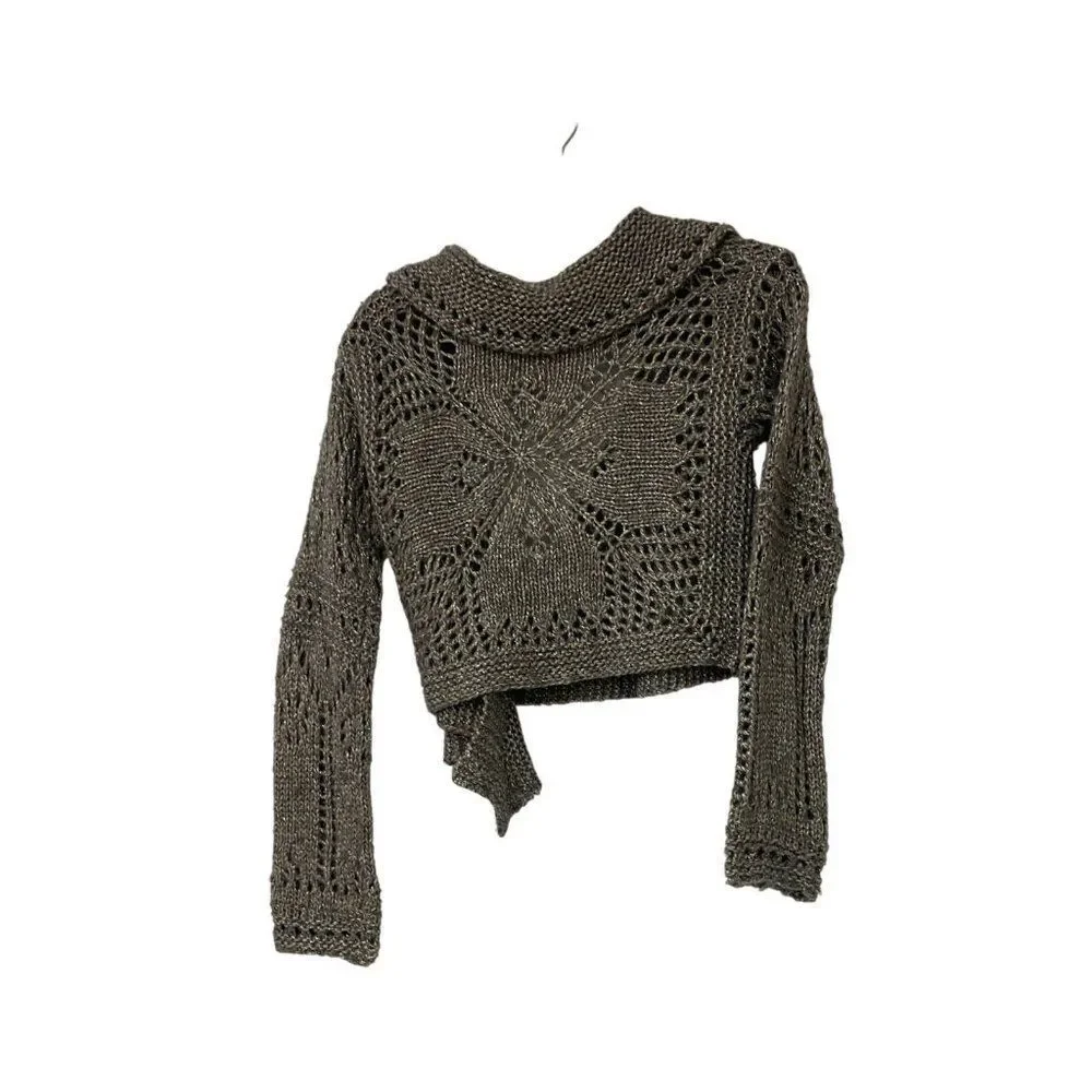 Anthropologie Hand Knit by Dollie Wrap Sweater Small S Gray Metallic Cropped EUC